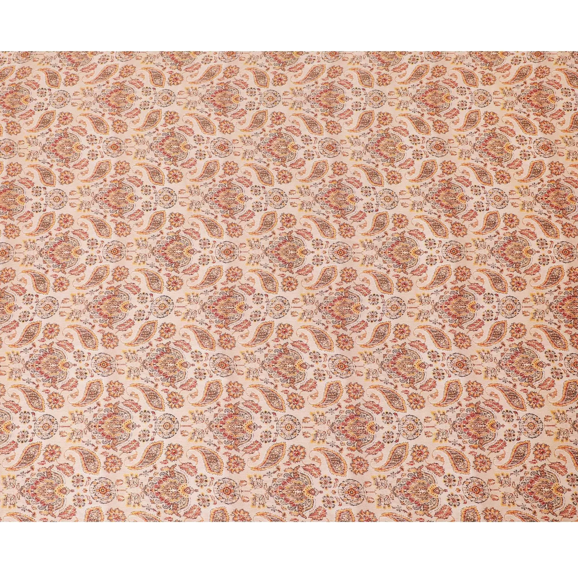 Peach synthetic satin fabric with multicolor print in paisley design-D14175