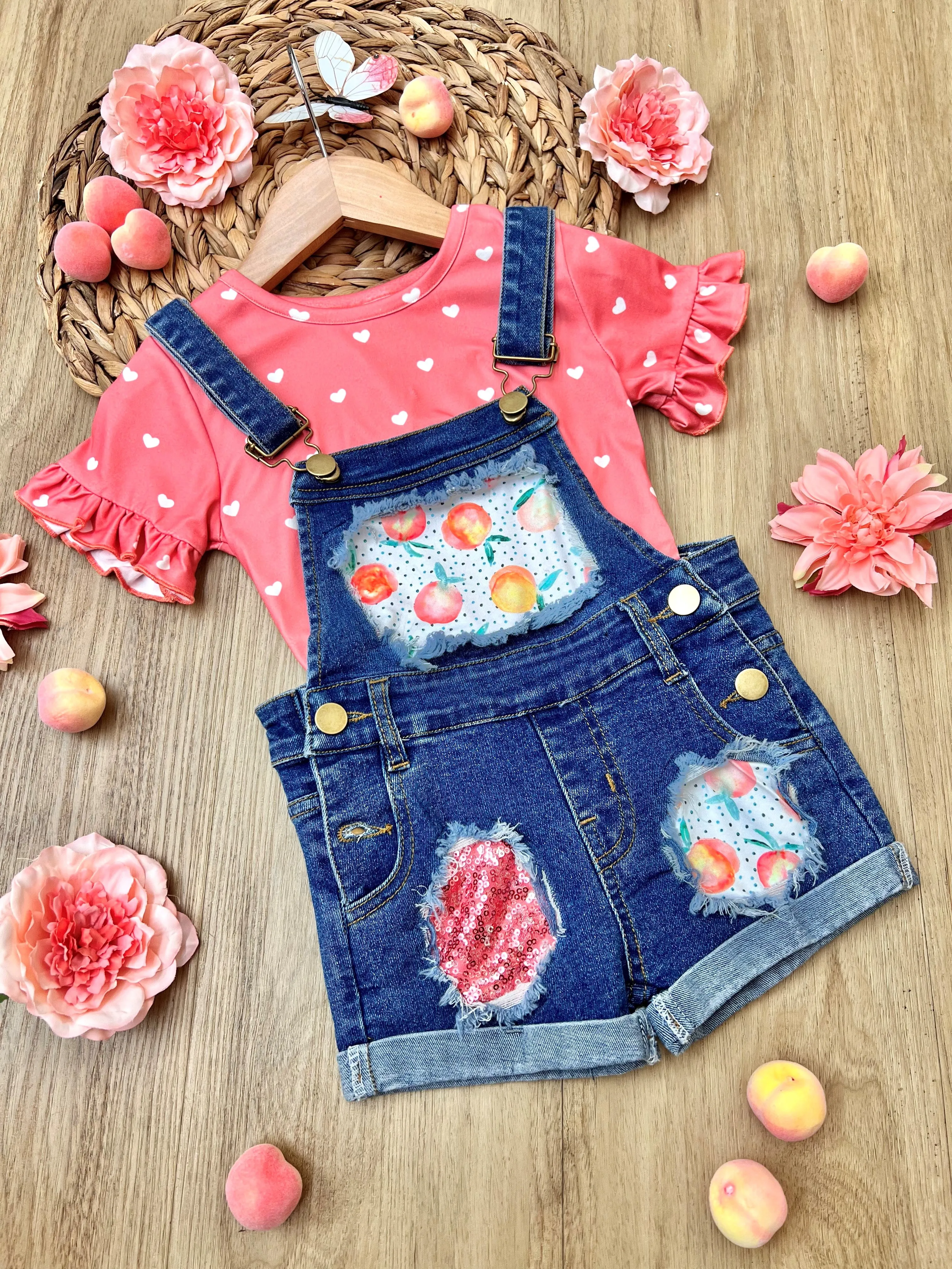 Peachy Keen Patched Denim Overall Short Set