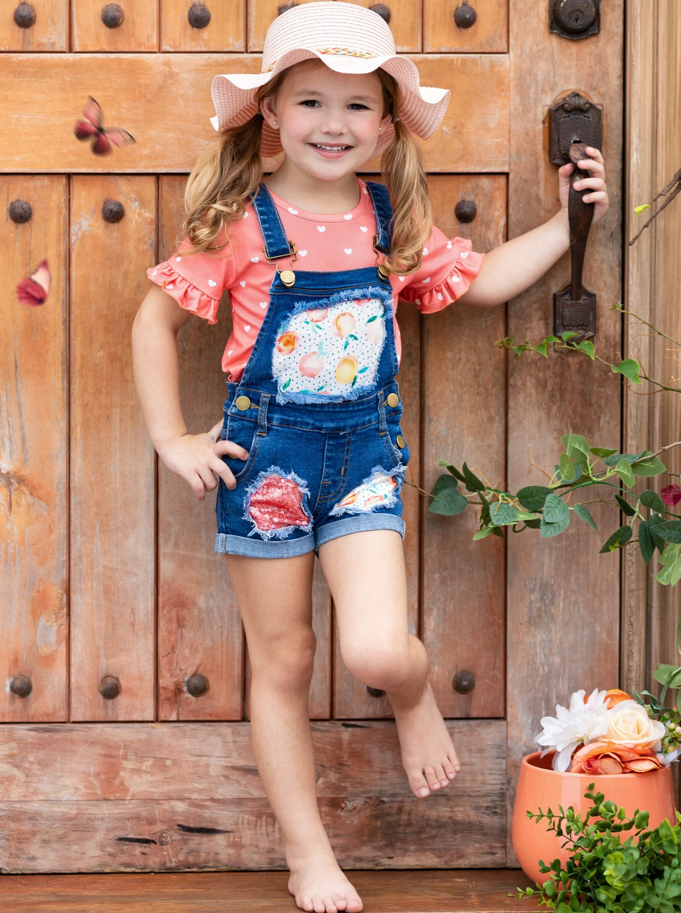 Peachy Keen Patched Denim Overall Short Set