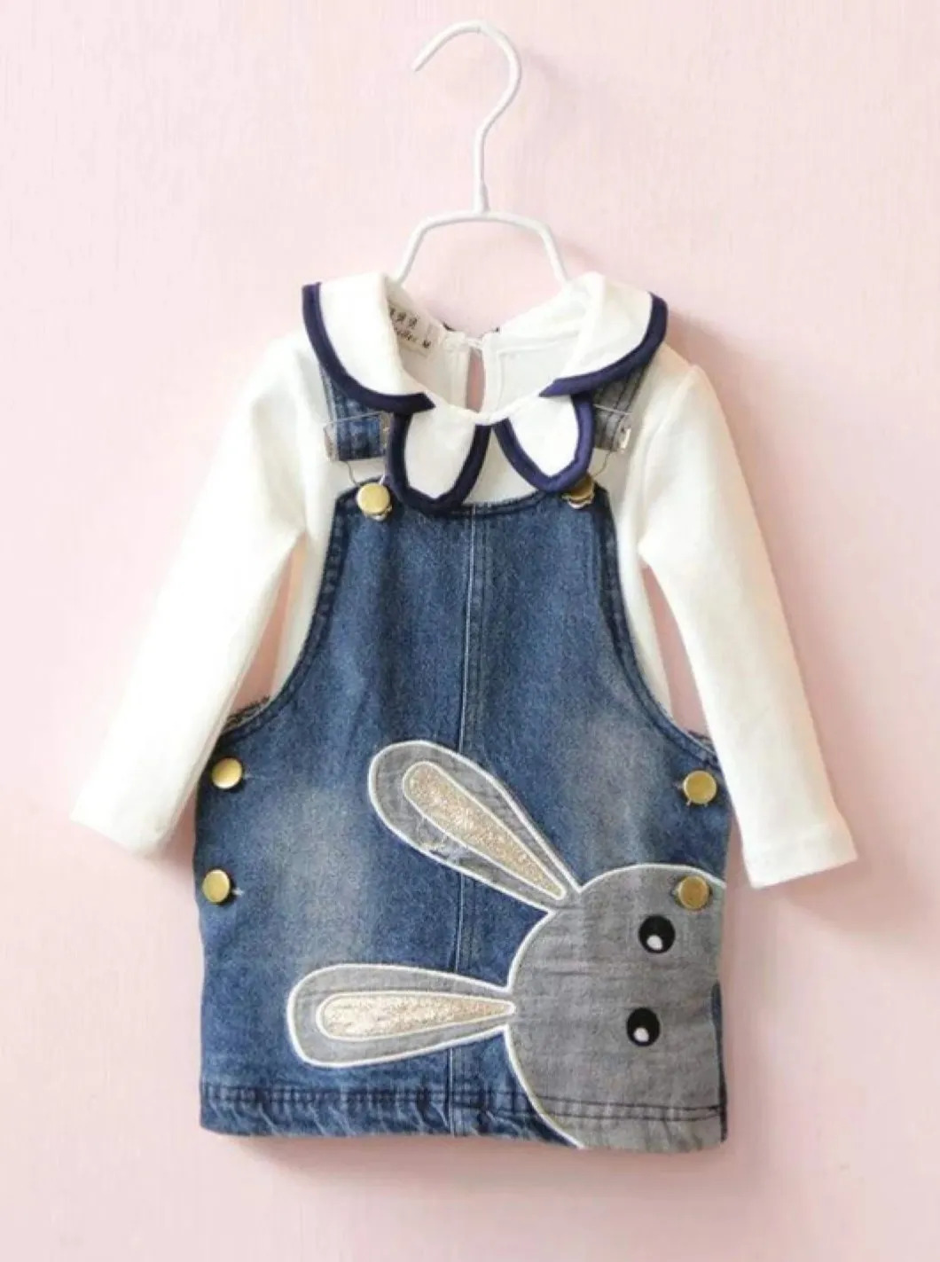 Peekaboo Bunny Face Denim Overall Dress Set