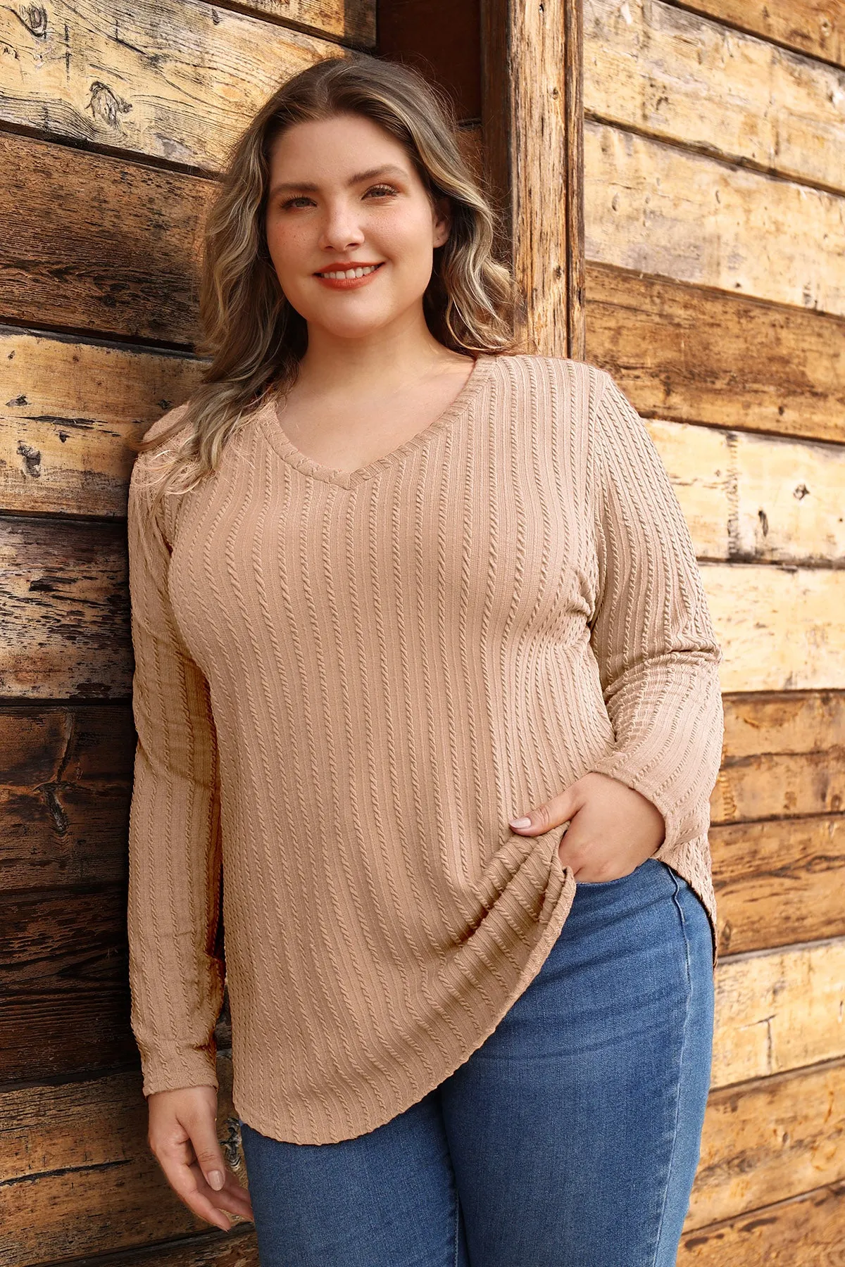 Plain Texture V Neck Knitted Basic Shirt