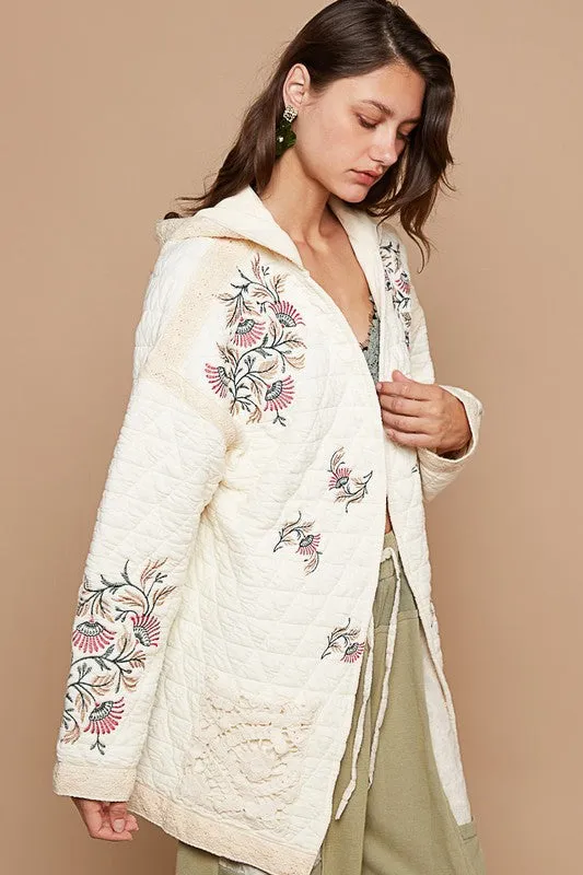 POL Hooded Floral Embroidered Quilted Patchwork Oversized Bohemian Jacket