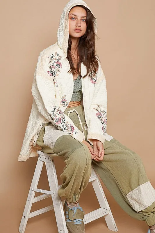 POL Hooded Floral Embroidered Quilted Patchwork Oversized Bohemian Jacket