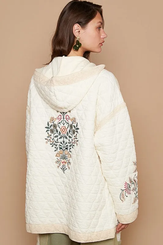 POL Hooded Floral Embroidered Quilted Patchwork Oversized Bohemian Jacket