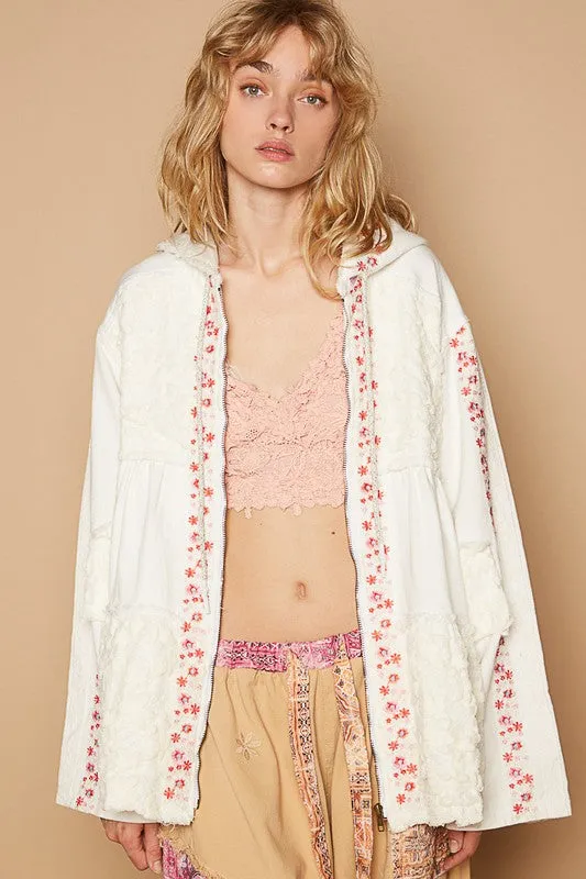 POL Hooded Lace Floral Embroidered Patchwork Oversized Bohemian Zip Jacket