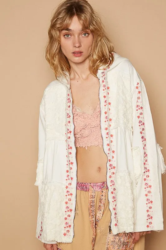 POL Hooded Lace Floral Embroidered Patchwork Oversized Bohemian Zip Jacket