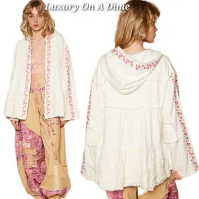 POL Hooded Lace Floral Embroidered Patchwork Oversized Bohemian Zip Jacket