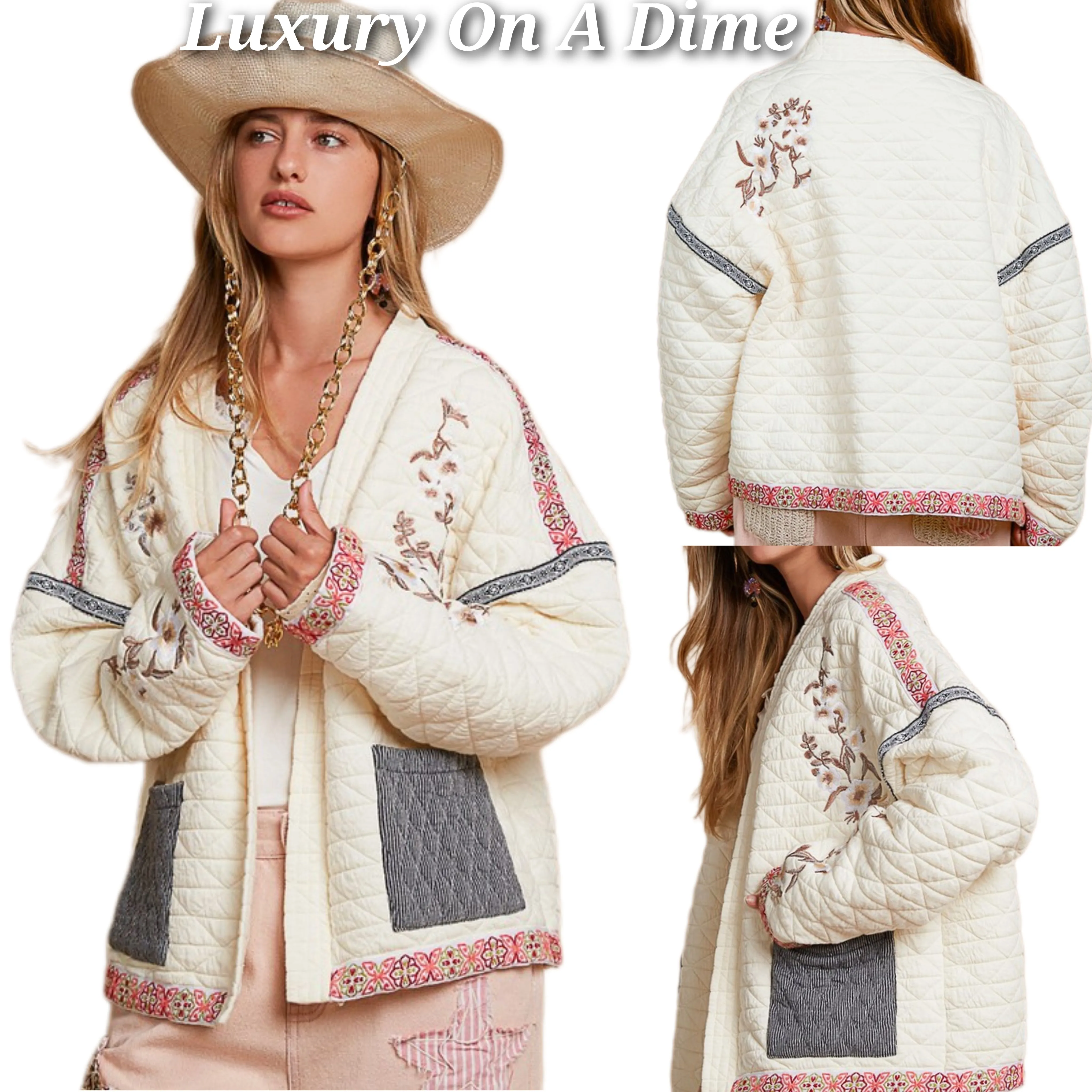 POL Quilted Granny Floral Embroidered Patchwork Oversized Pocket Bohemian Jacket