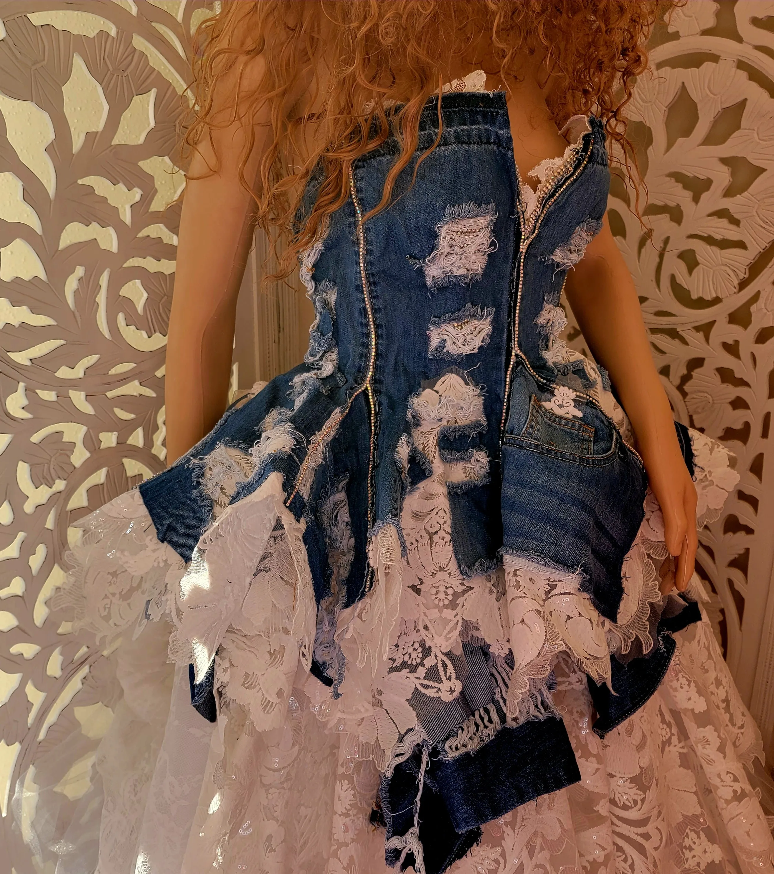 "MOREA" Denim & Lace Wedding Ballgown Set & Matching Thigh Boots