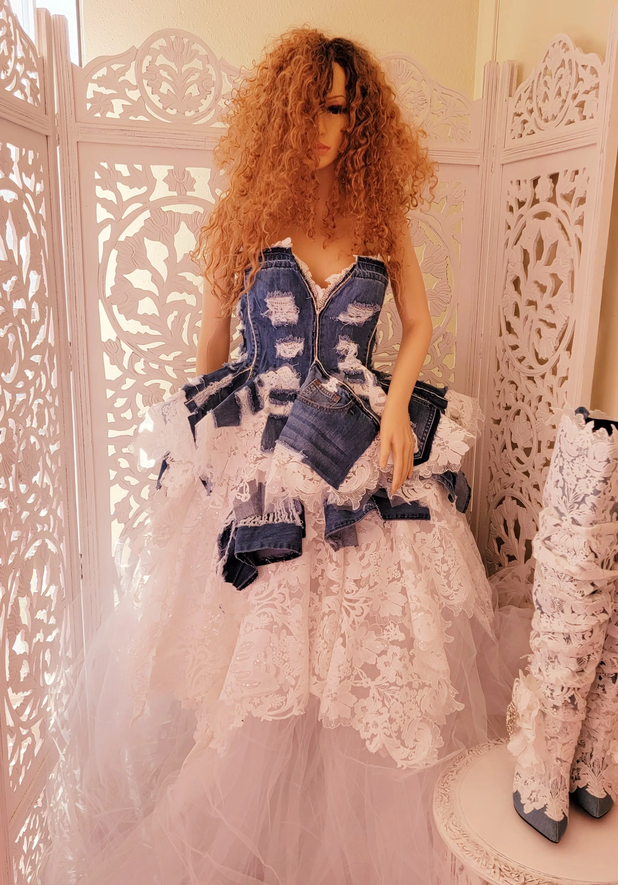 "MOREA" Denim & Lace Wedding Ballgown Set & Matching Thigh Boots