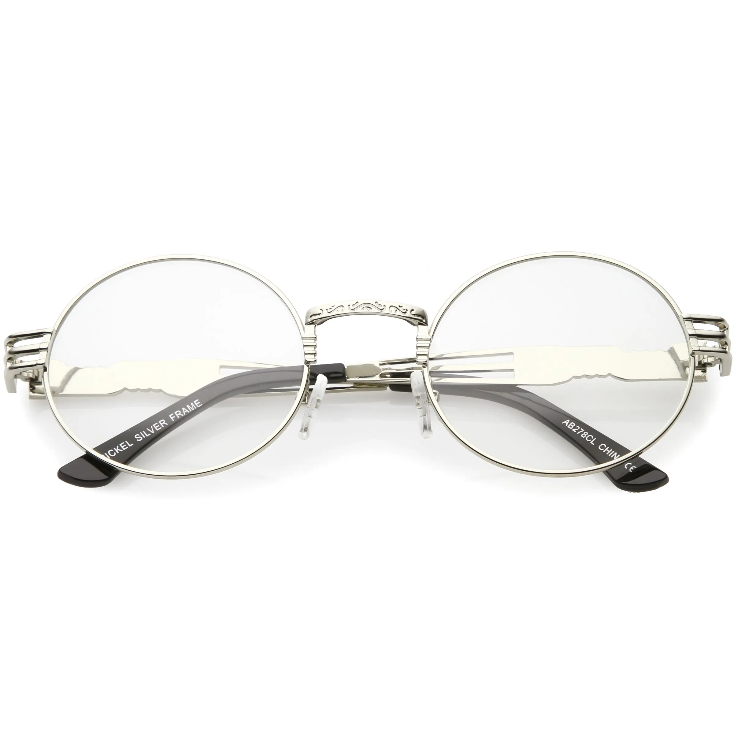 Retro Round Clear Lens Engraved Metal Steampunk Flat Lens Glasses