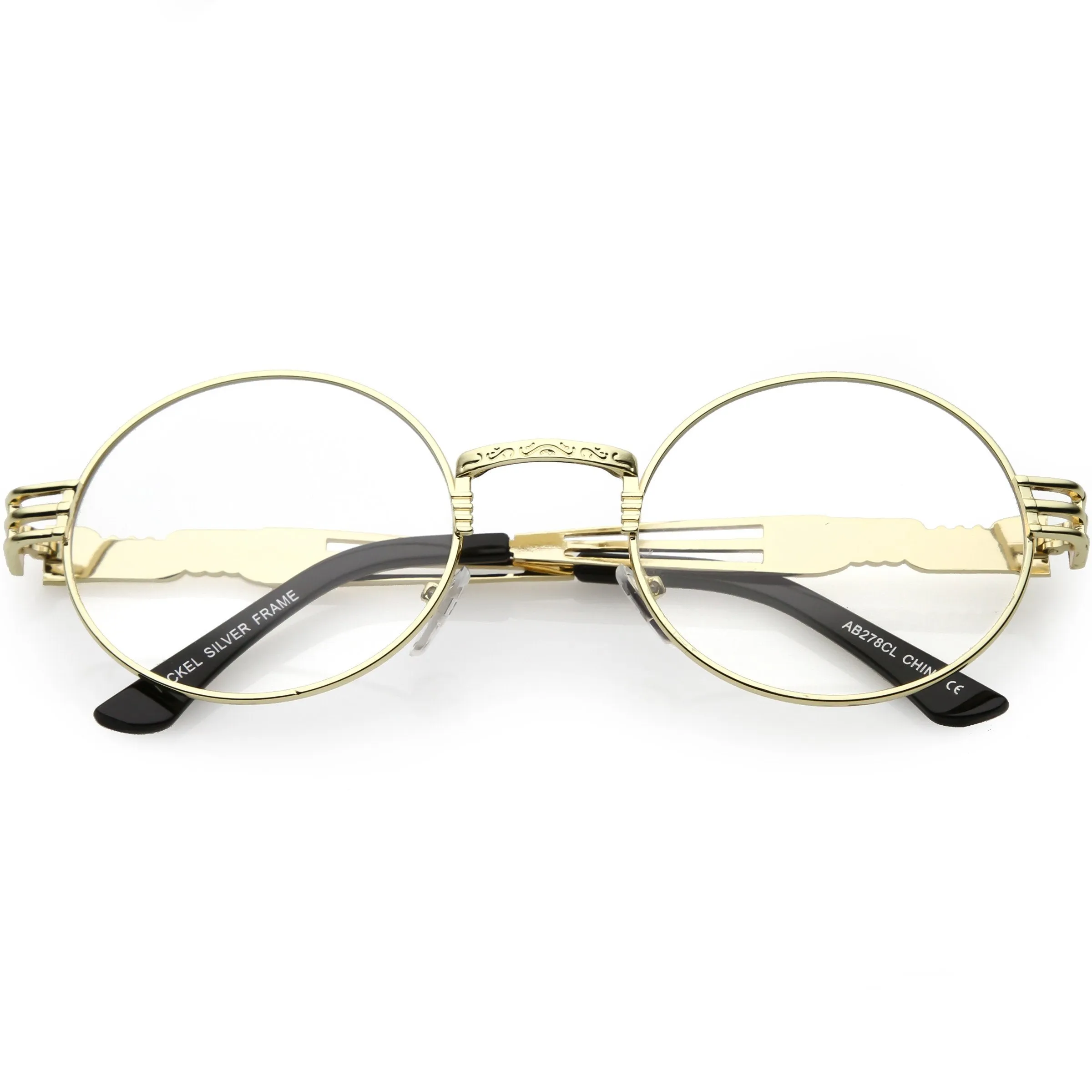 Retro Round Clear Lens Engraved Metal Steampunk Flat Lens Glasses