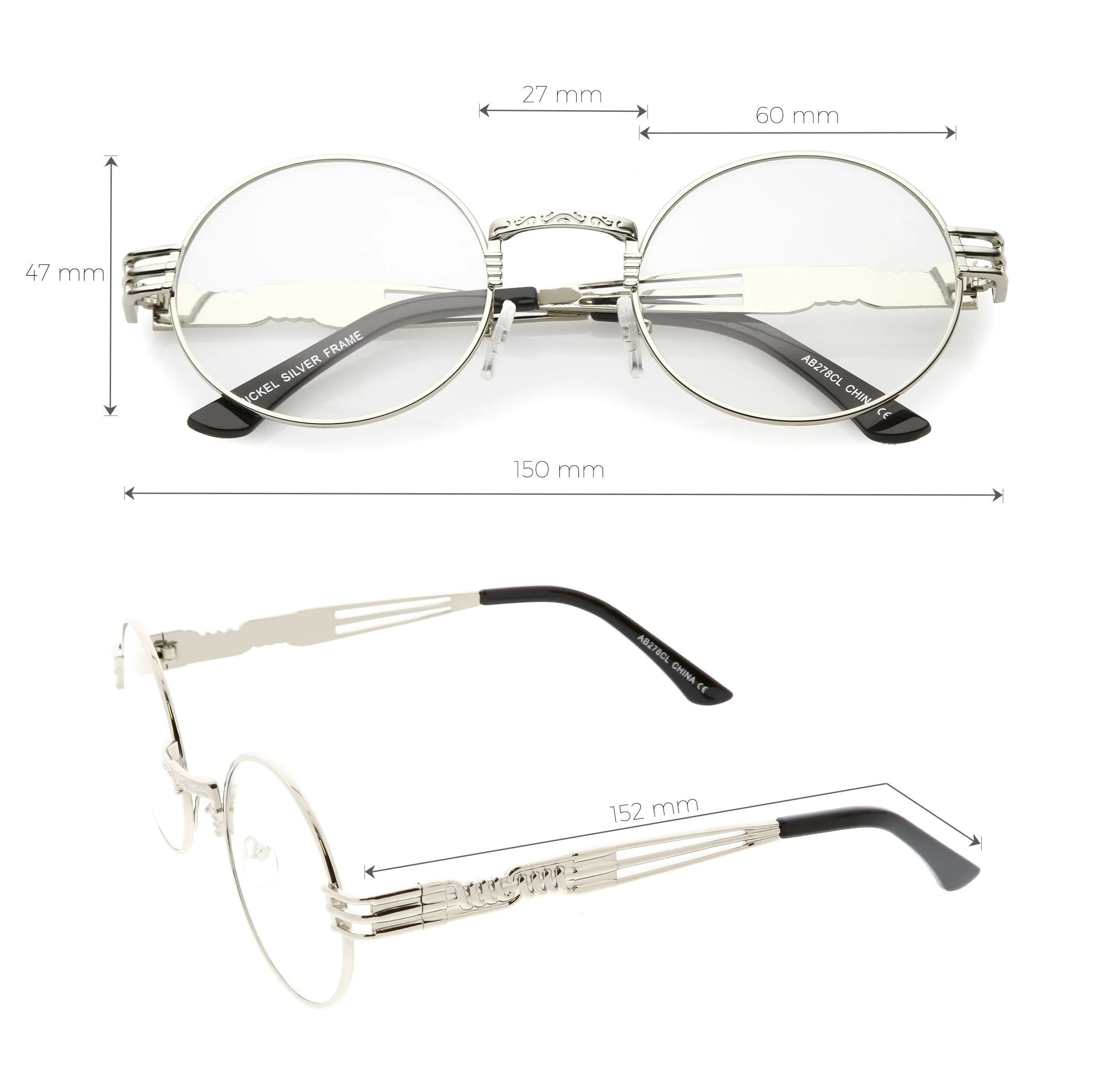 Retro Round Clear Lens Engraved Metal Steampunk Flat Lens Glasses