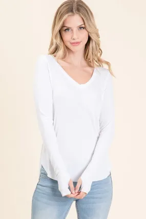 RIBBED V-NECK LONG SLEEVE TEE (WHITE)