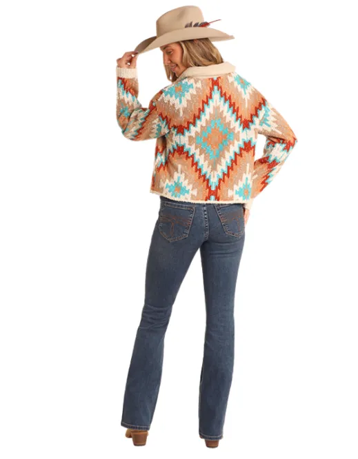 Rock and Roll Cowgirl Turquoise Aztec Button Cardigan Sweater BW32T05275