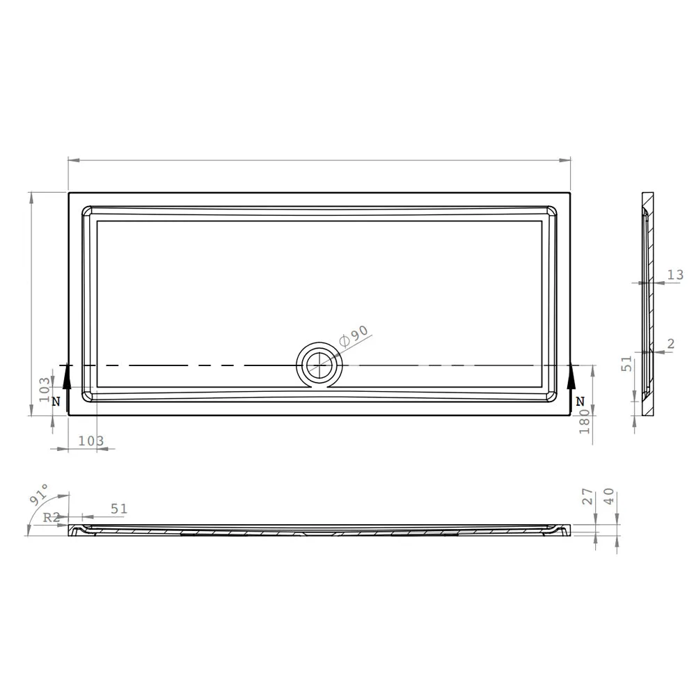 Roman Stone Solid Surface Anti Slip Shower Tray - 1200 x 700 x 40mm