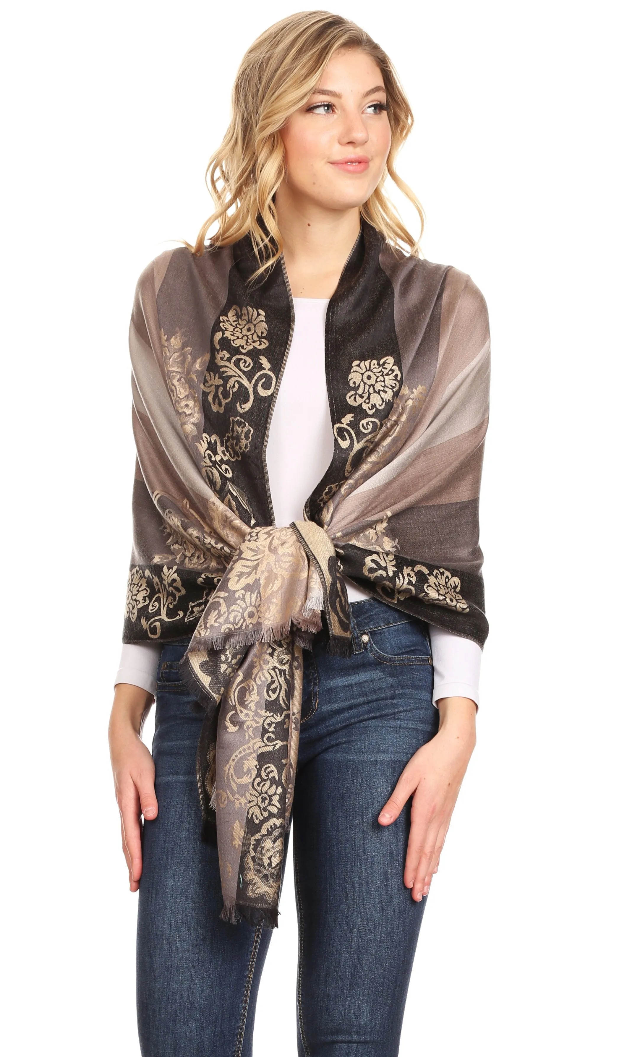 Sakkas Damari Women's Silky Soft Reversible Border Woven Pashmina Scarf Shawl Wrap