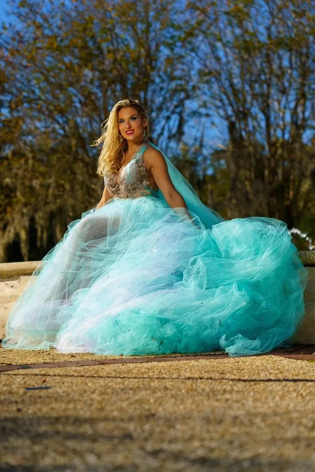 SAMPLE GOWN "DUCHESS VANJA" Ocean Blue Green Crystal Lace & Tulle Wedding Ballgown Set