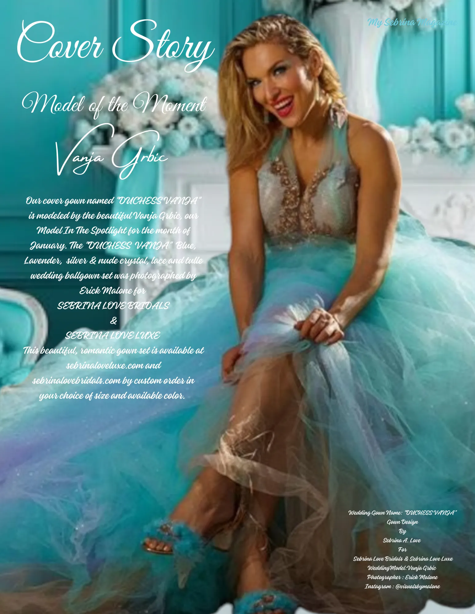 SAMPLE GOWN "DUCHESS VANJA" Ocean Blue Green Crystal Lace & Tulle Wedding Ballgown Set