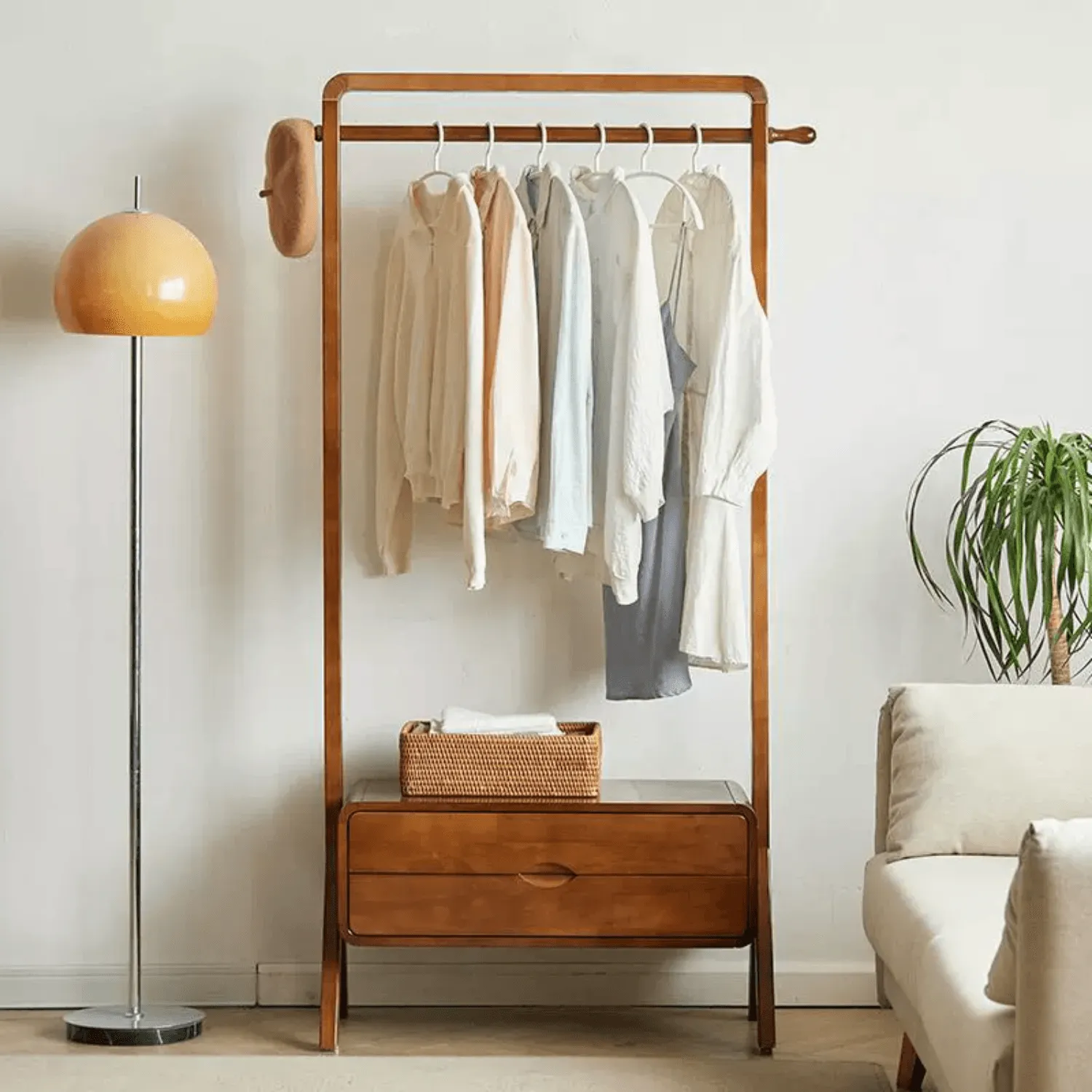 Solid Wood Floor-Standing Clothes Hanger With Two Drawers,Multi-Functional Clothes Storage Rack Coat Rack