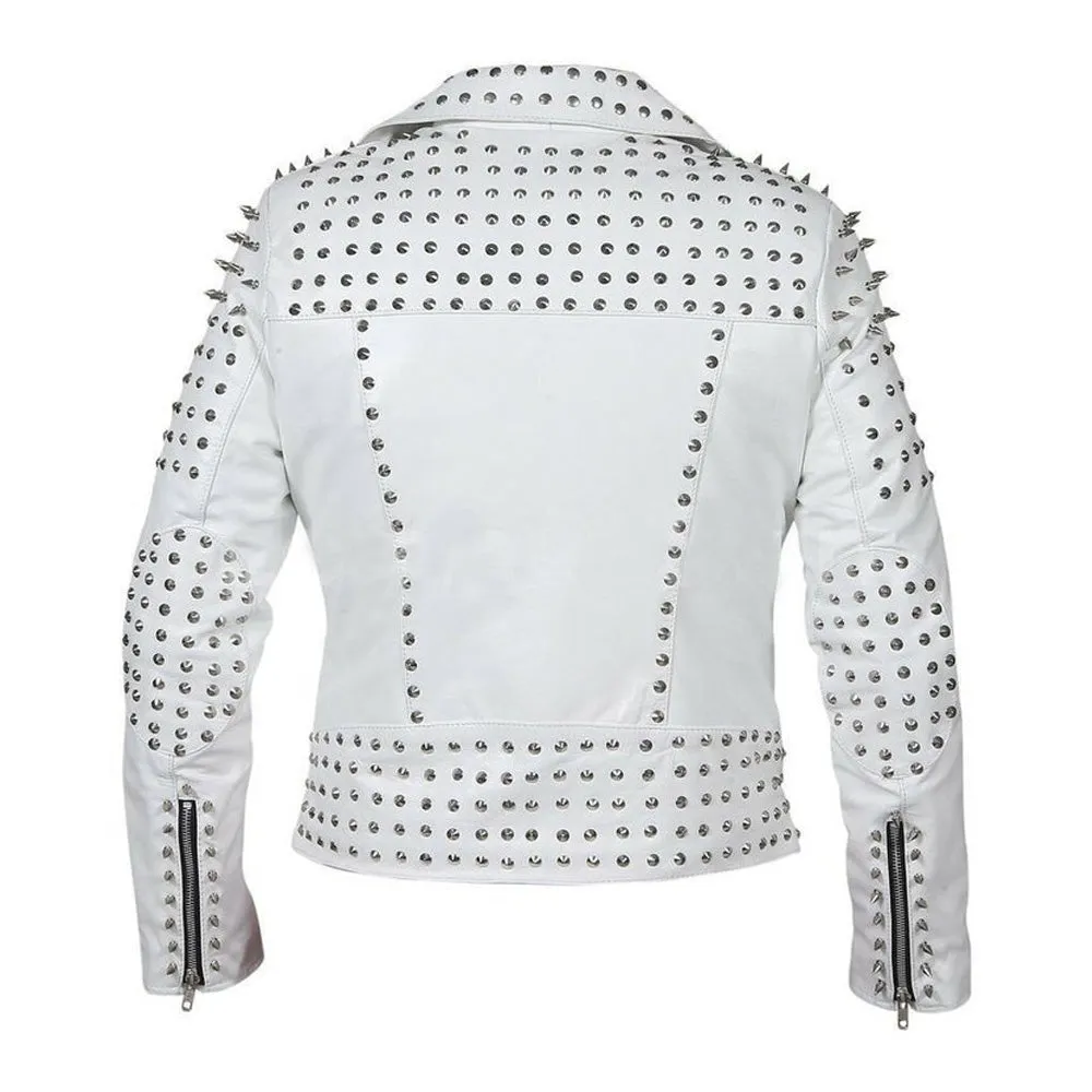 Sophisticated Edge Studded Leather White Jacket