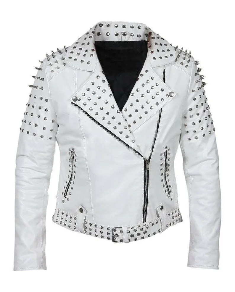 Sophisticated Edge Studded Leather White Jacket