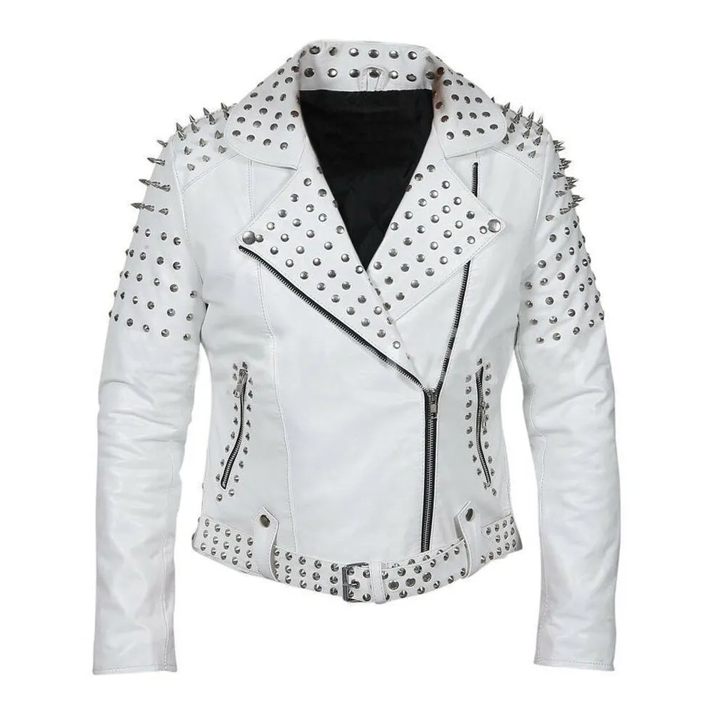 Sophisticated Edge Studded Leather White Jacket