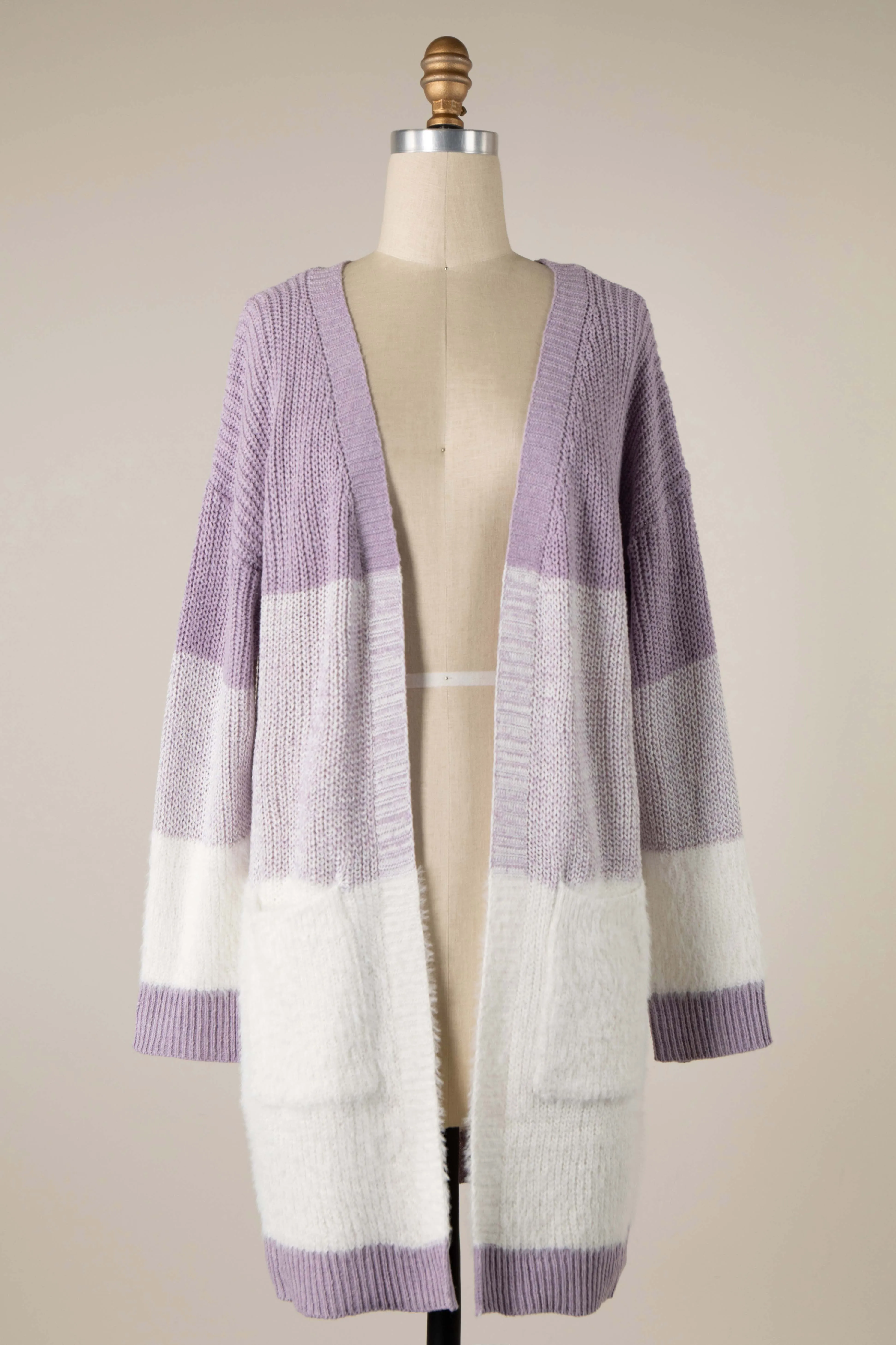 Striped Gradient Fuzzy Contrast Knit Cardigan