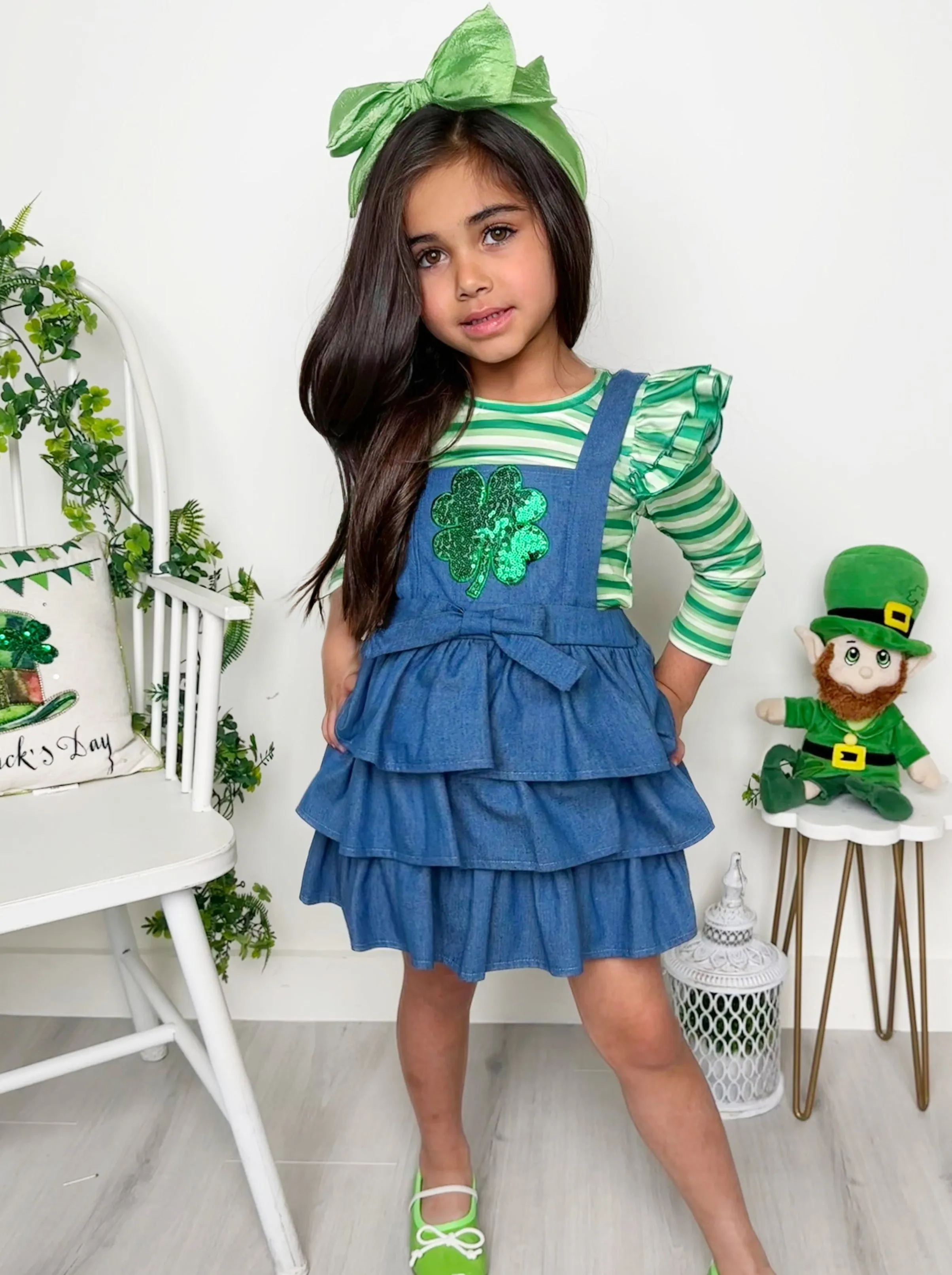 Stripes and Sequins St. Paddy's Denim Overall Set