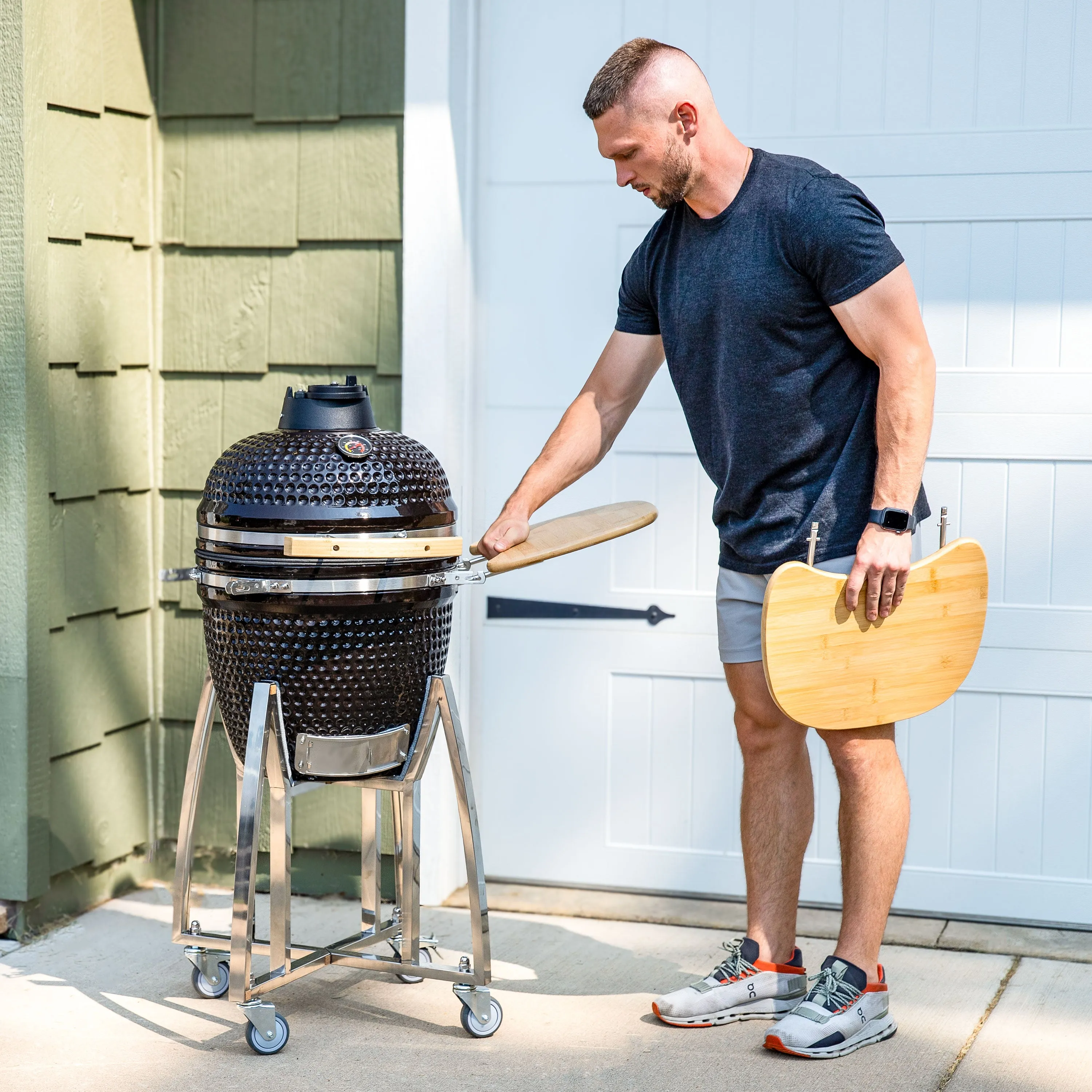 Sunnydaze Kamado Charcoal Grill and Smoker with Side Tables and Wheels