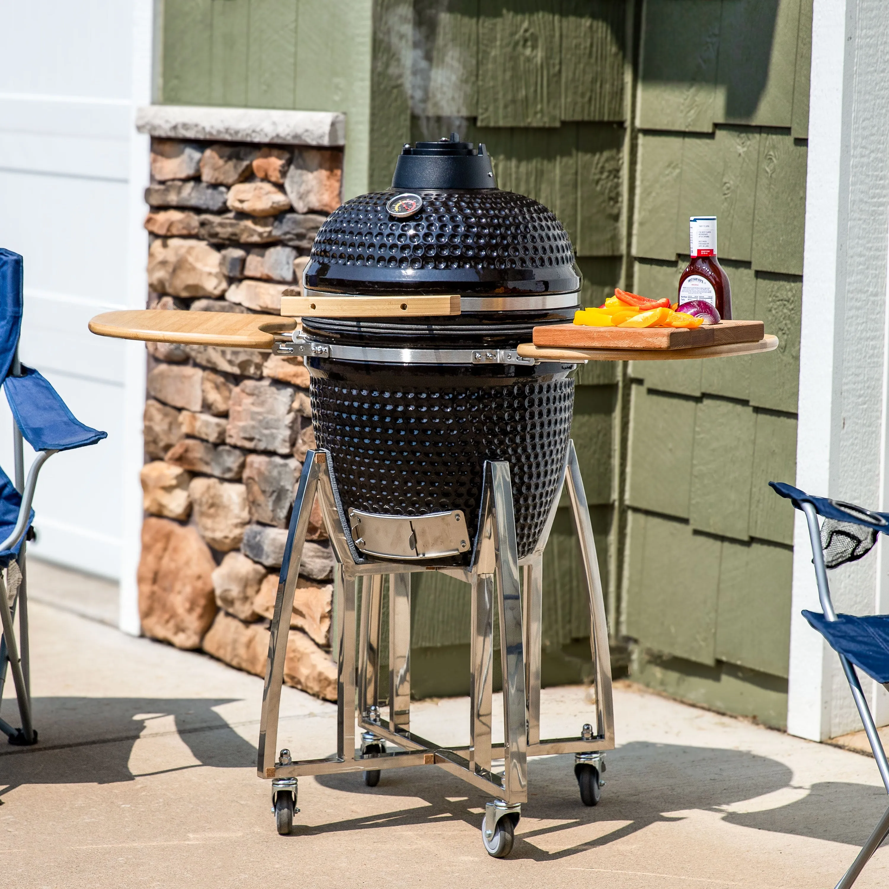 Sunnydaze Kamado Charcoal Grill and Smoker with Side Tables and Wheels