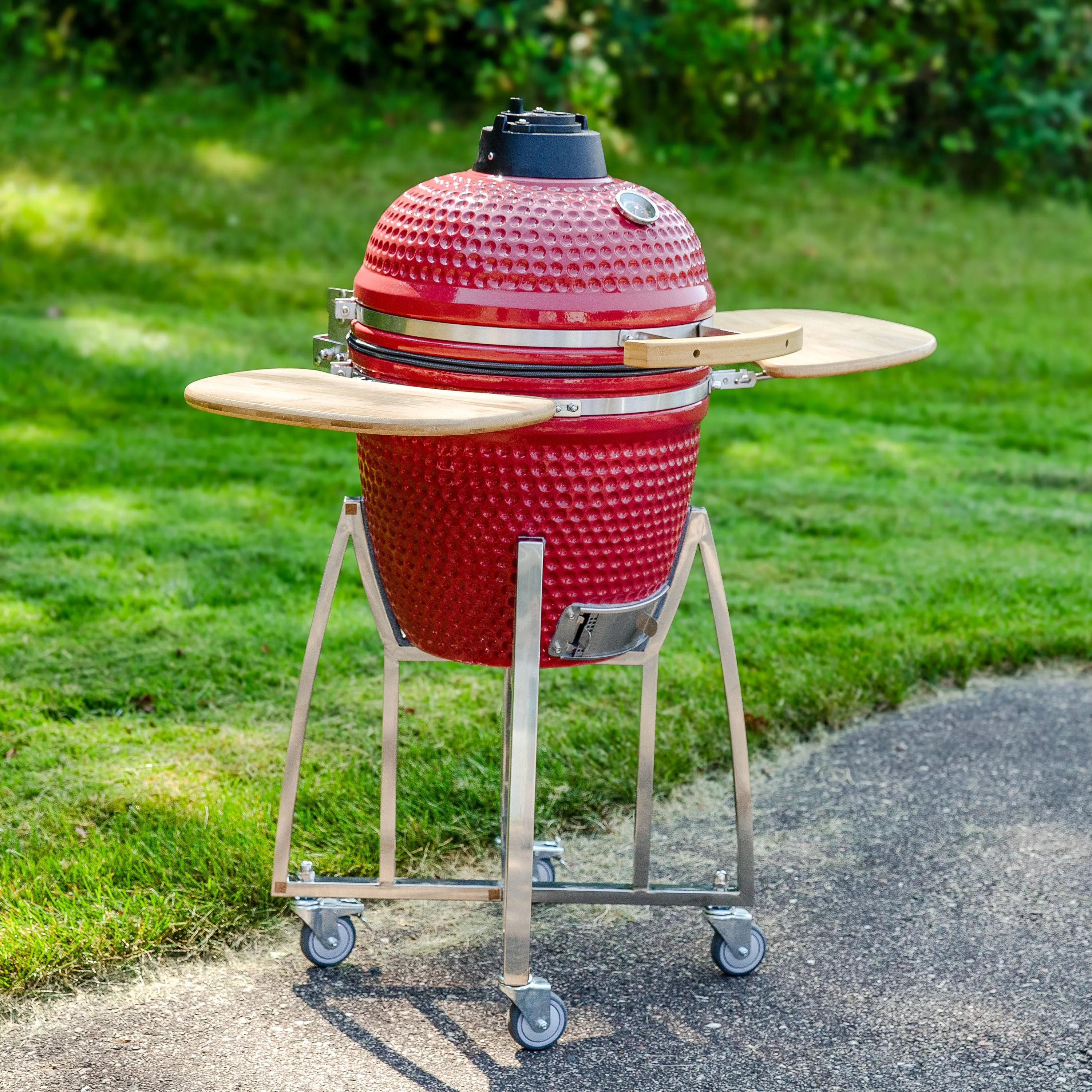 Sunnydaze Kamado Charcoal Grill and Smoker with Side Tables and Wheels