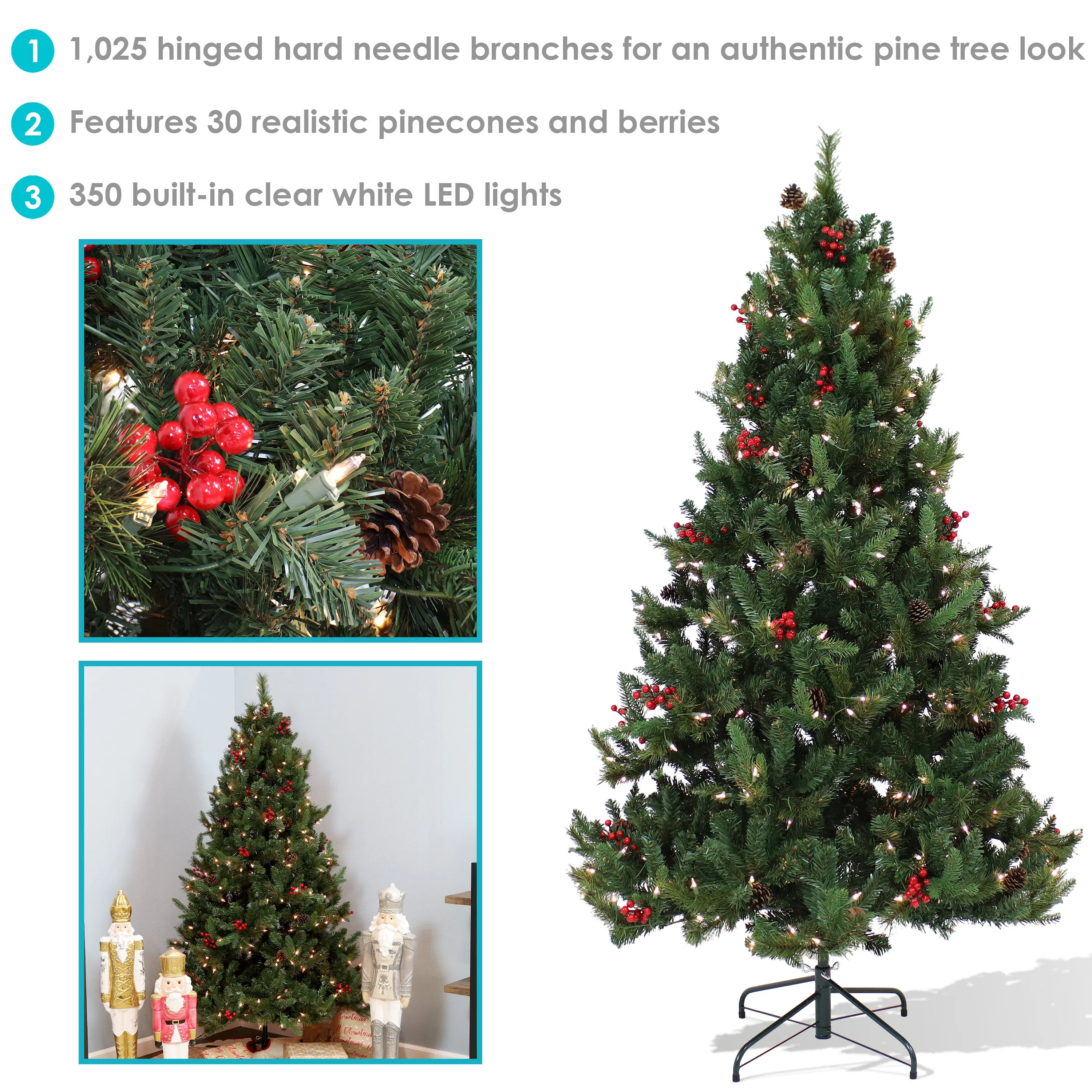 Sunnydaze Merry Berries Pre-Lit Artificial Christmas Tree - 7'