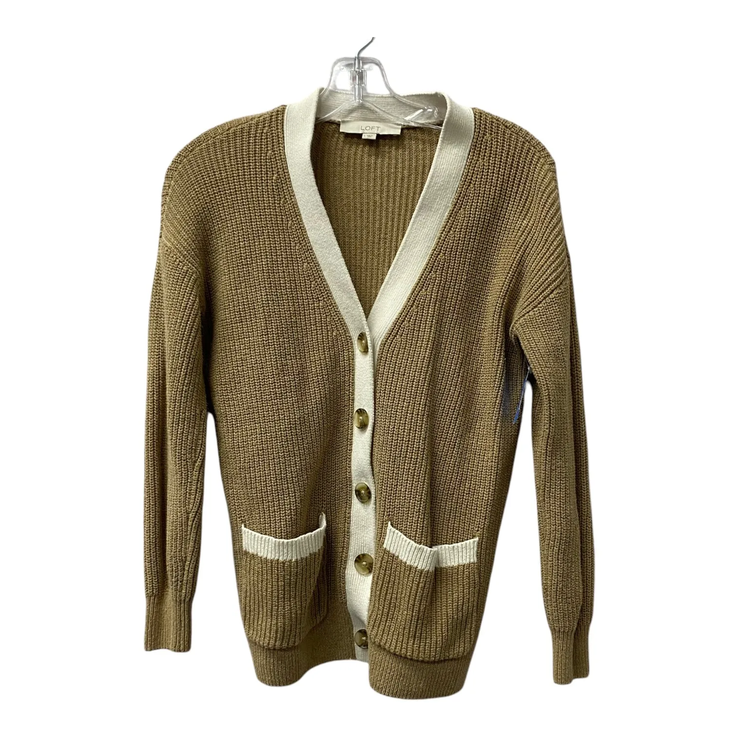 Sweater Cardigan By Loft In Tan & White, Size:S