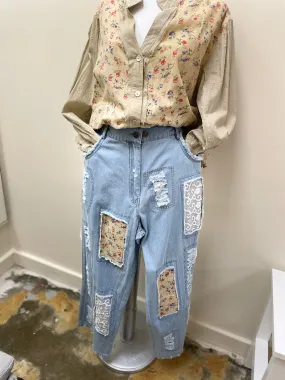 The Paperlace Distressed Floral Patchwork Light Blue Pants PVD-710P