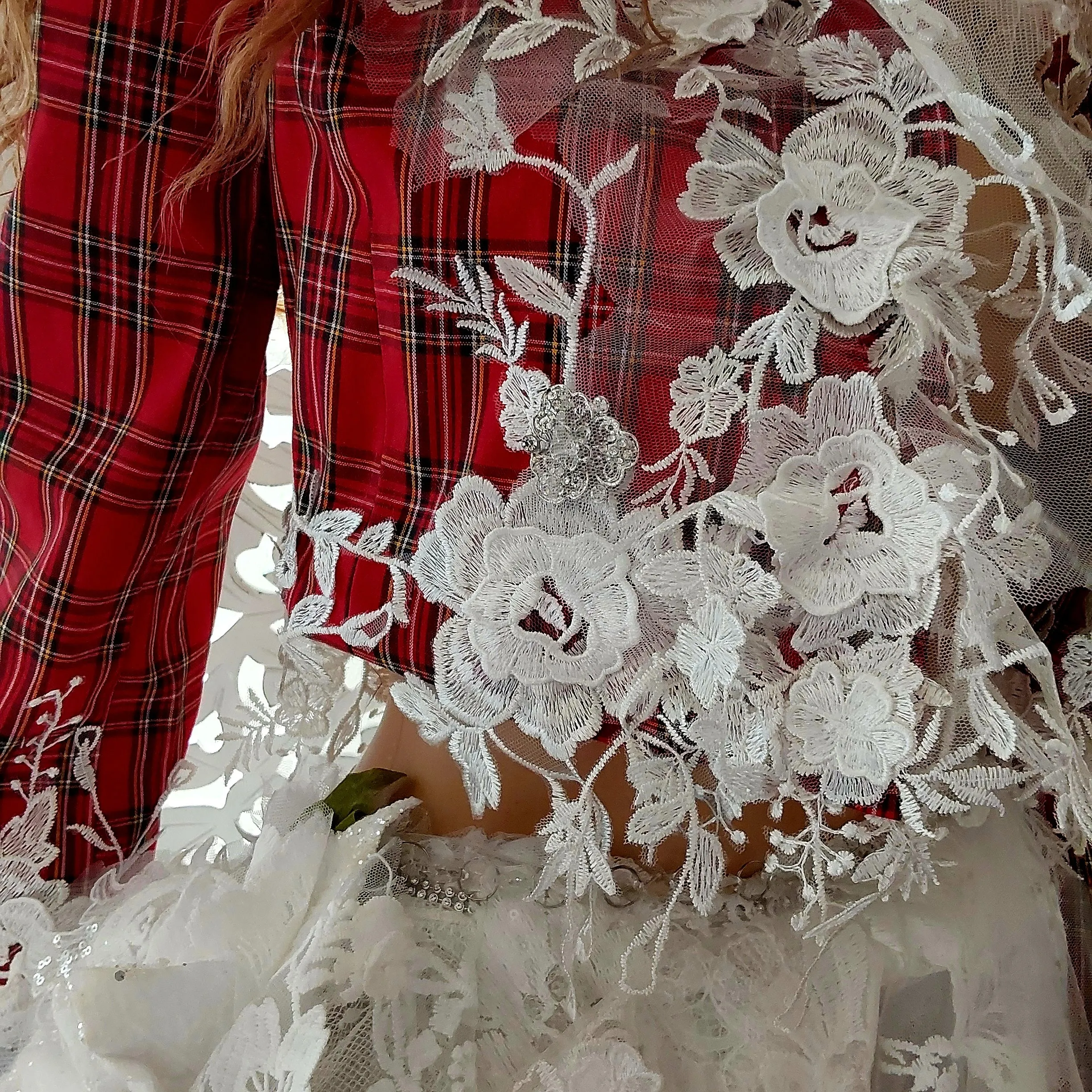 The "MARY STEWART" Scotland Inspired Red Plaid & Lace Wedding Ballgown Set & Matching Thigh Boots