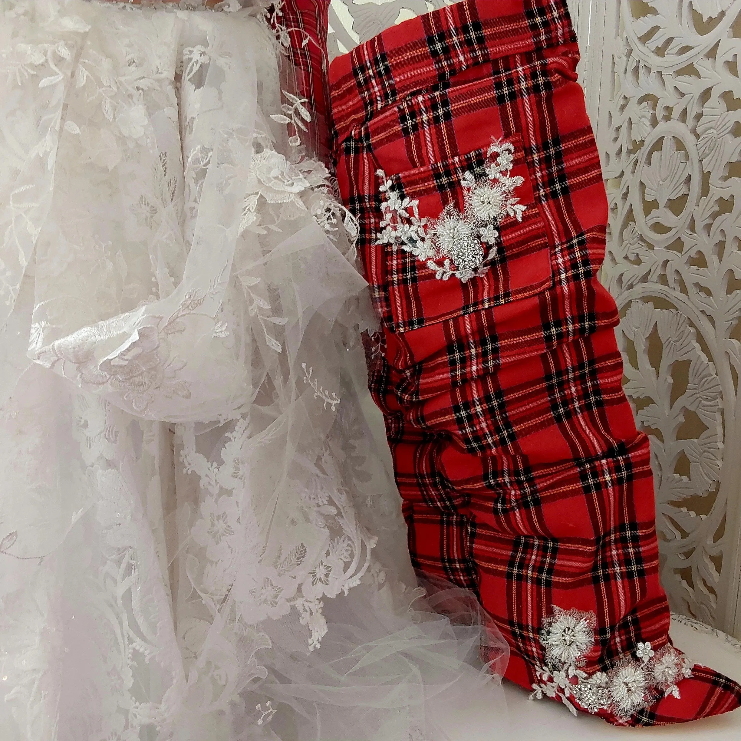 The "MARY STEWART" Scotland Inspired Red Plaid & Lace Wedding Ballgown Set & Matching Thigh Boots