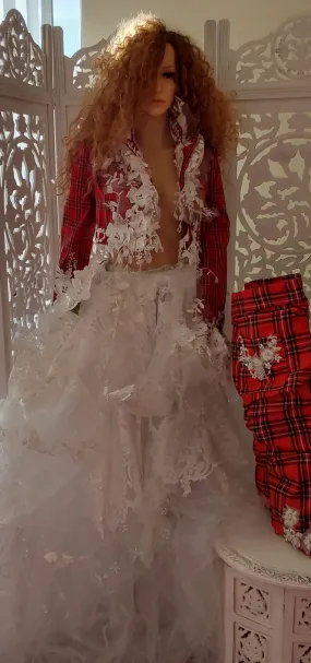 The "MARY STEWART" Scotland Inspired Red Plaid & Lace Wedding Ballgown Set & Matching Thigh Boots