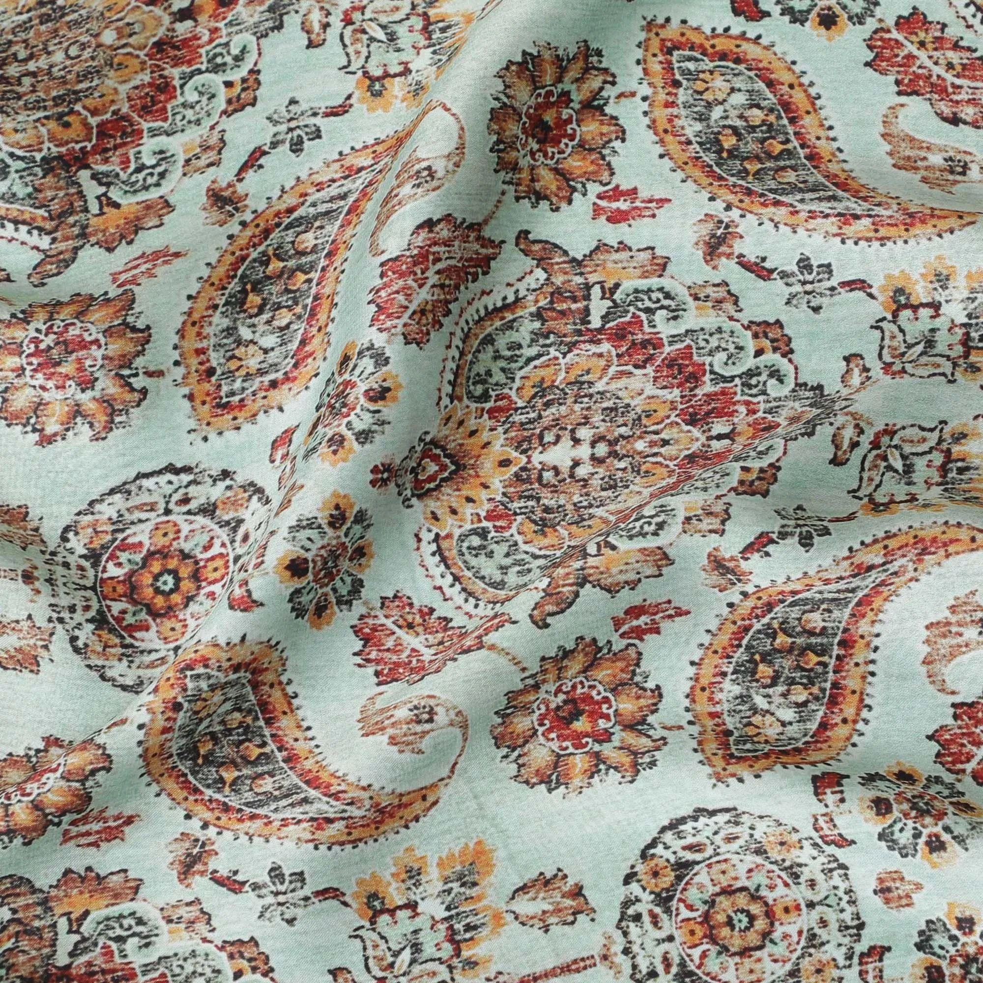 Tiffany blue synthetic satin fabric with multicolor print in paisley design-D14176