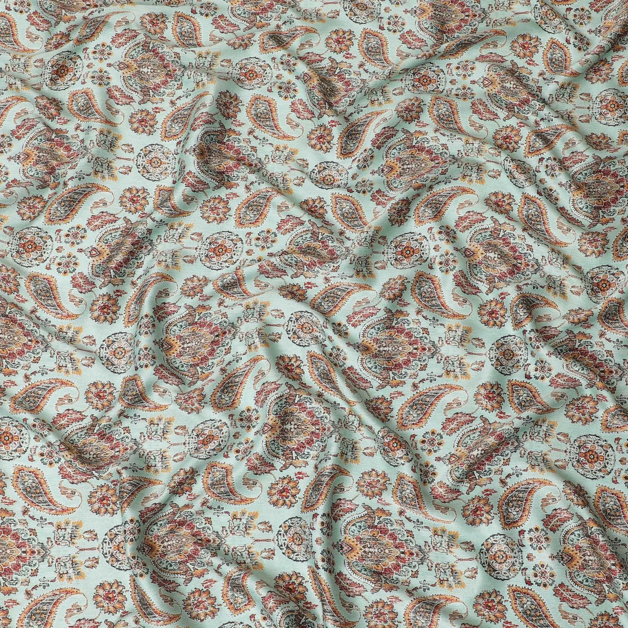 Tiffany blue synthetic satin fabric with multicolor print in paisley design-D14176