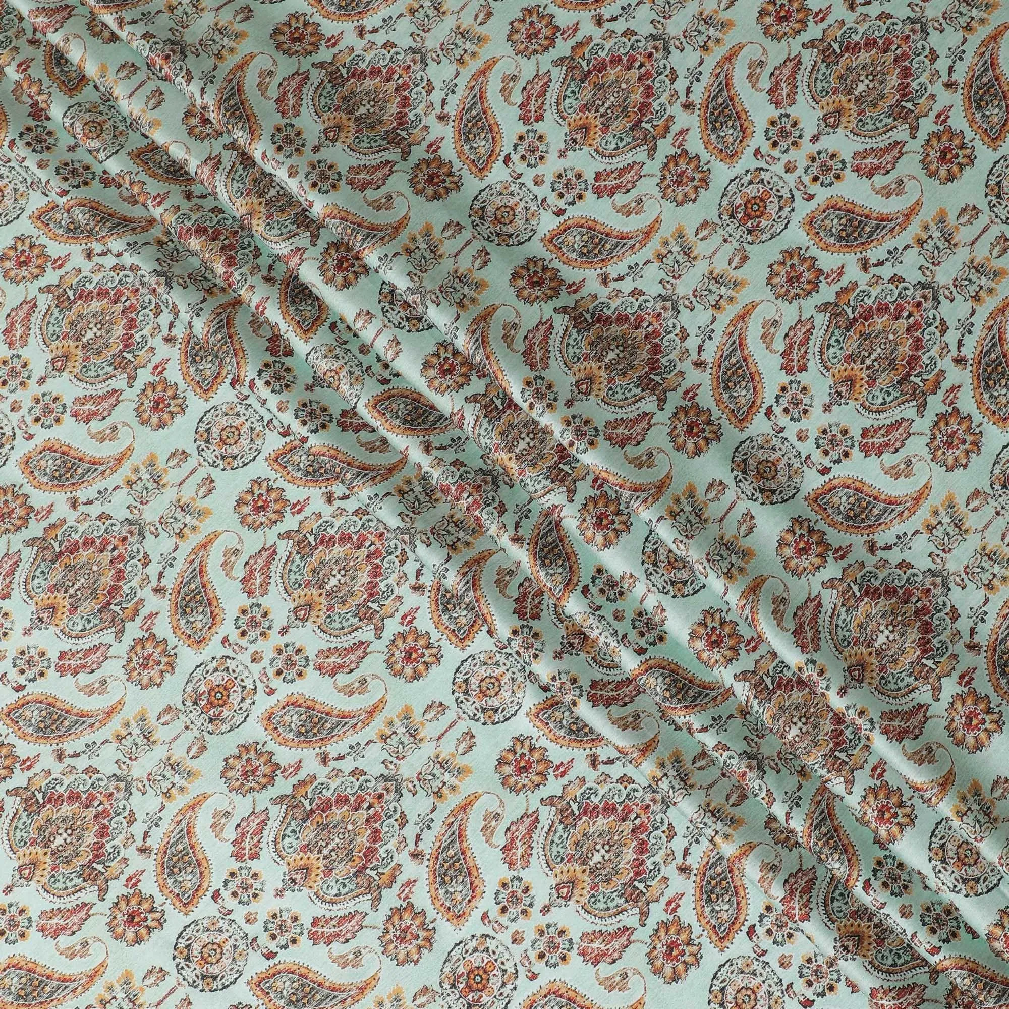 Tiffany blue synthetic satin fabric with multicolor print in paisley design-D14176