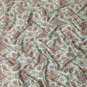 Tiffany blue synthetic satin fabric with multicolor print in paisley design-D14176