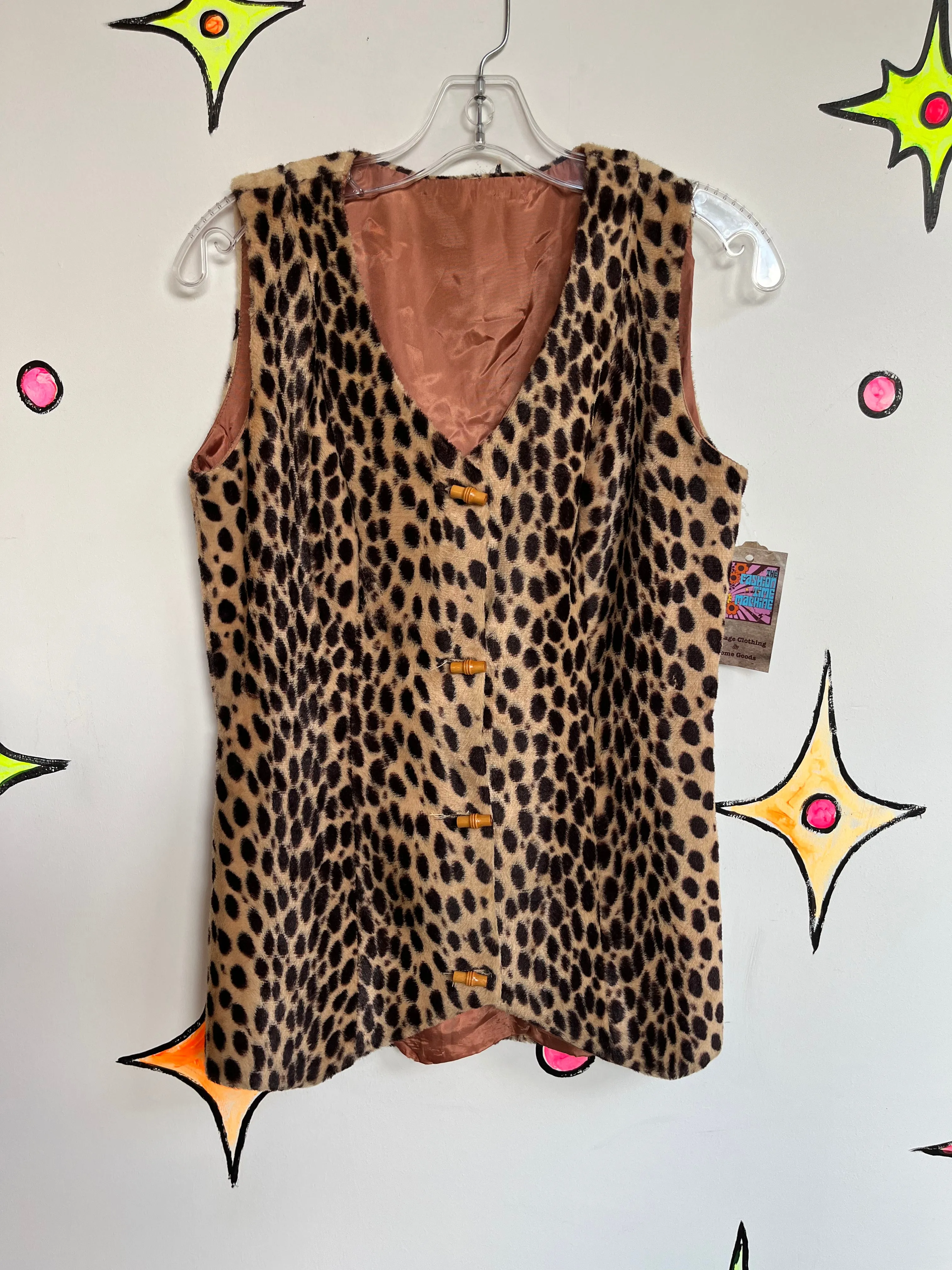 Vintage 60s 70s | Bohemian Faux Fur Cheetah Print Vest Waist Coat | size S