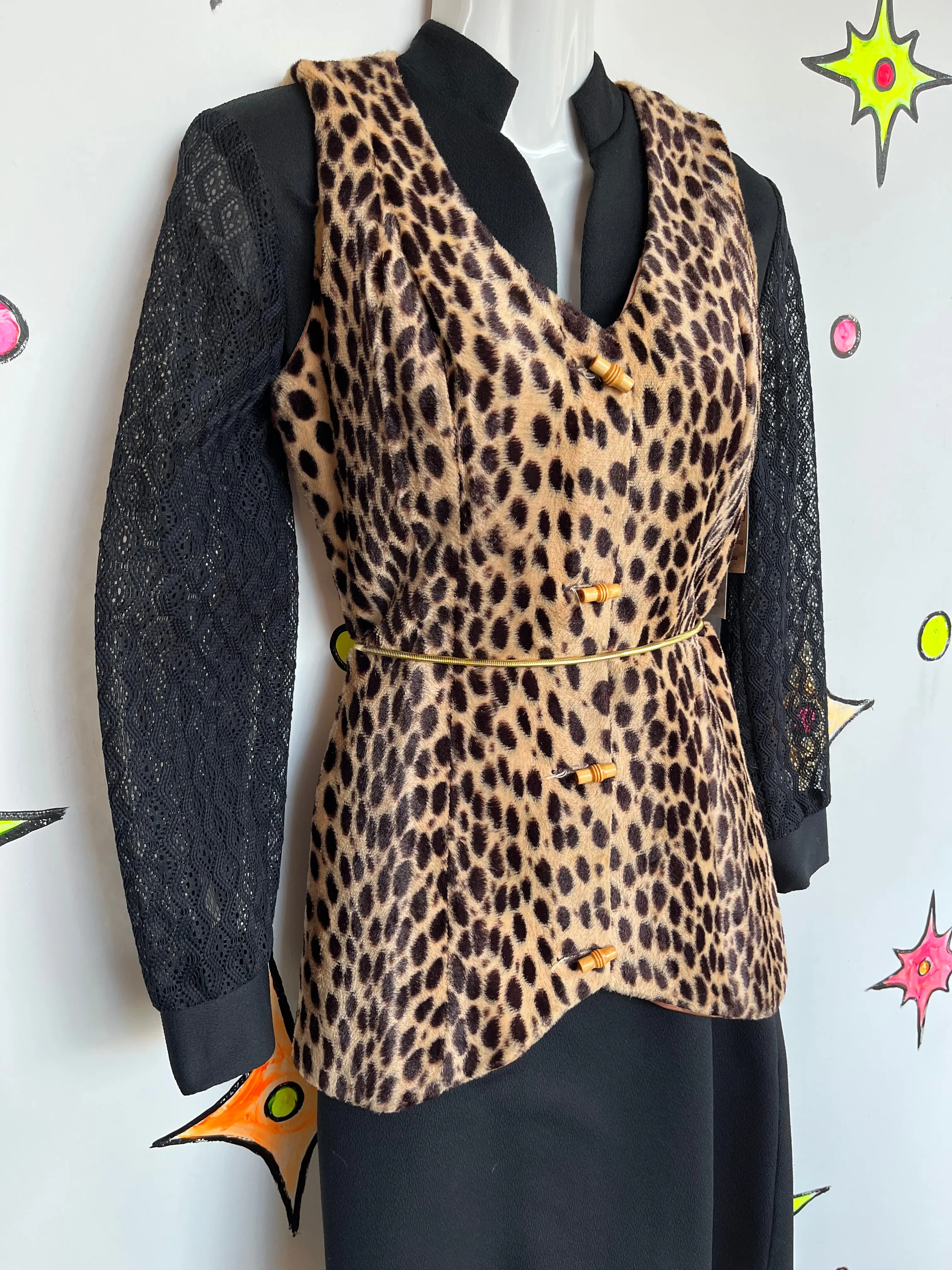 Vintage 60s 70s | Bohemian Faux Fur Cheetah Print Vest Waist Coat | size S