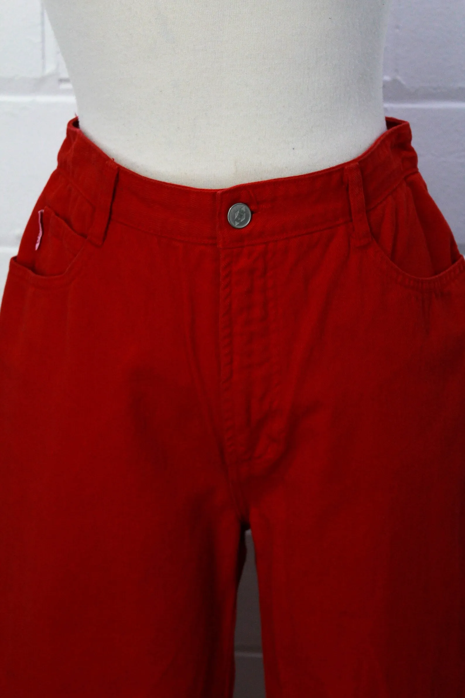 Vintage 80s High-Waisted Red Denim Bongo Jeans, Tapered Leg, W28