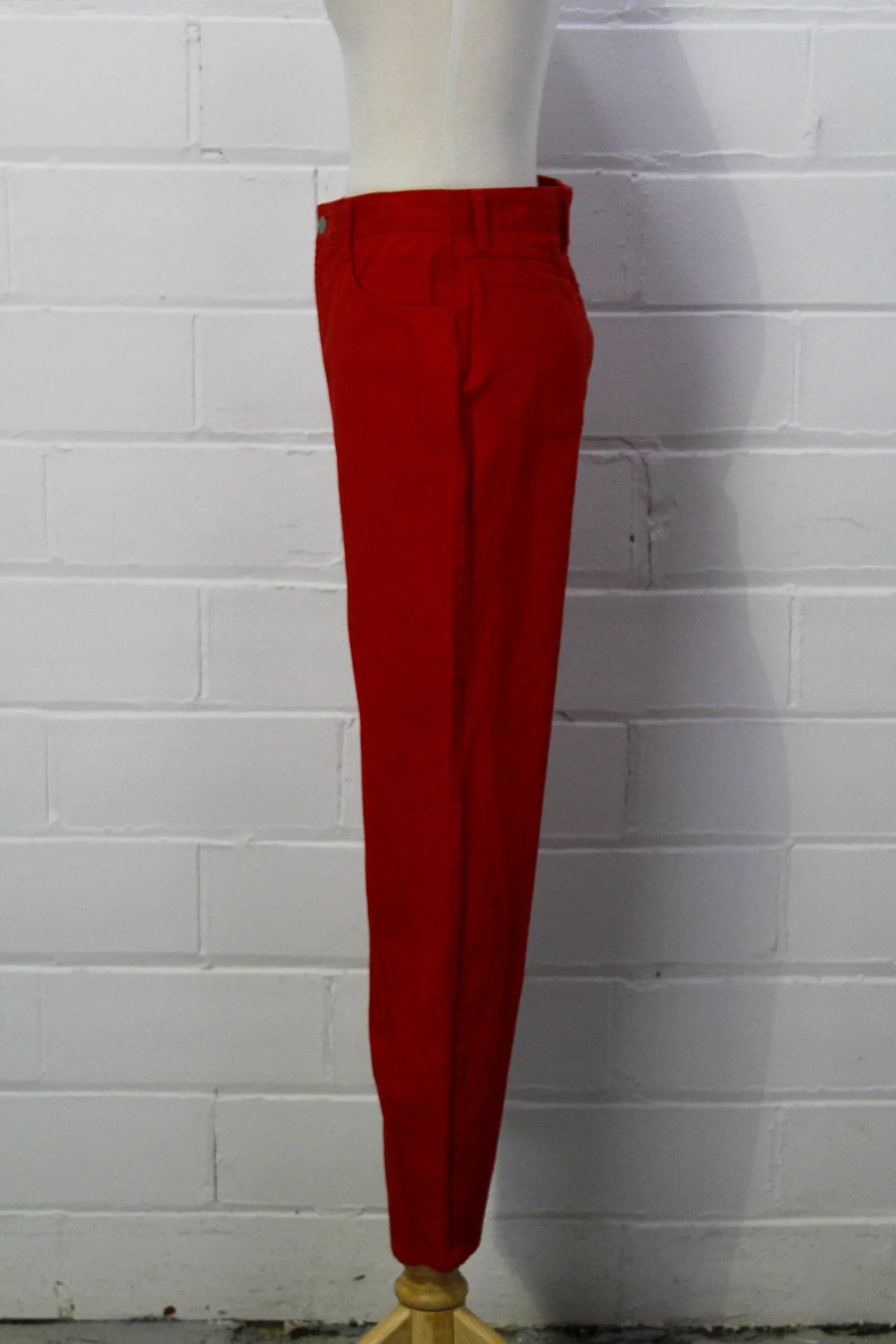 Vintage 80s High-Waisted Red Denim Bongo Jeans, Tapered Leg, W28