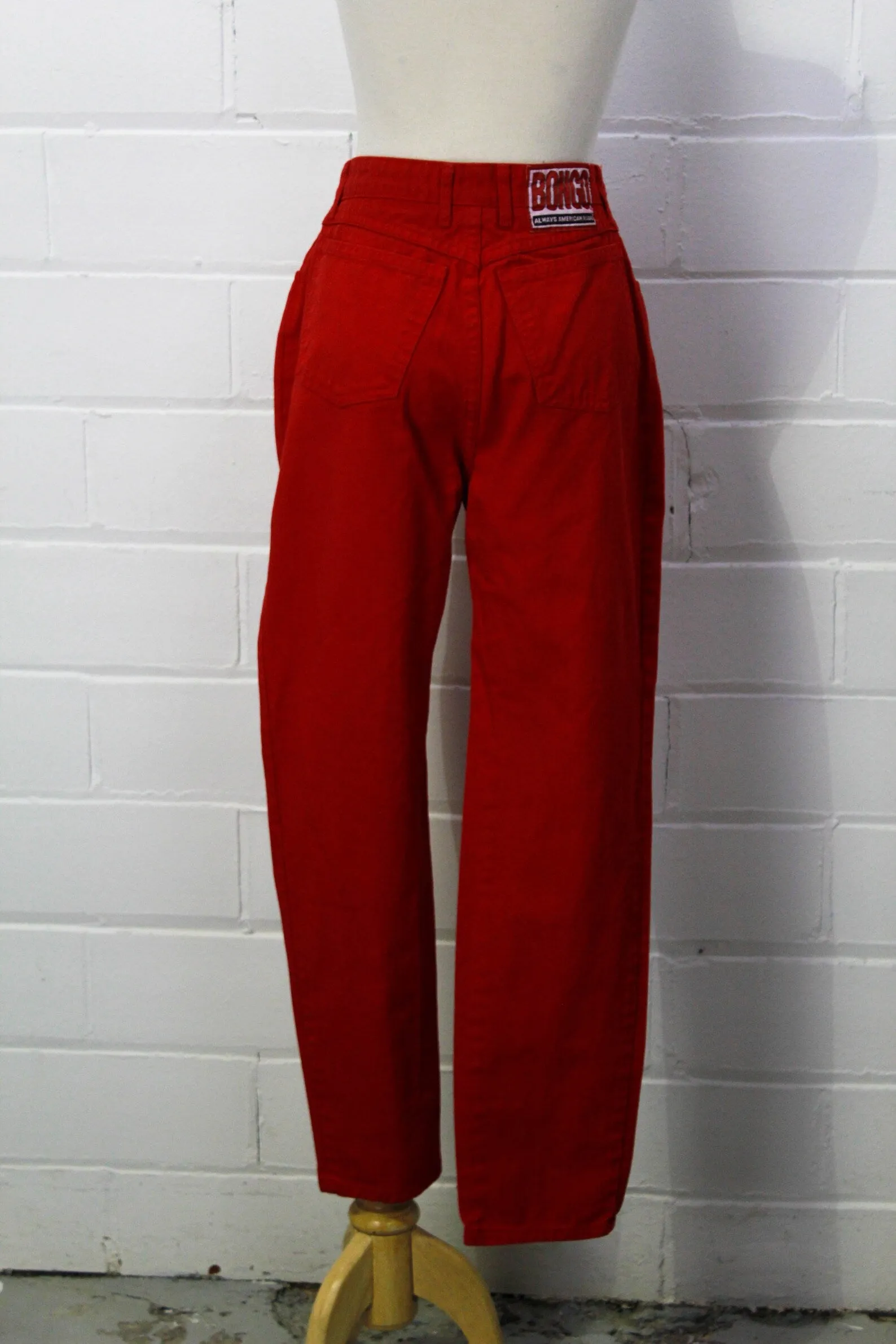 Vintage 80s High-Waisted Red Denim Bongo Jeans, Tapered Leg, W28