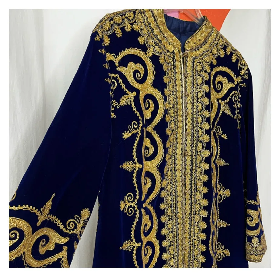 Vintage | Bohemian Royal Blue Gold Embroidered Velvet Robe Coat Turkish Afghan