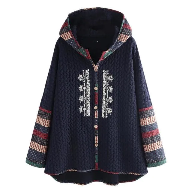 Vintage Boho Hooded  Ethnic Long-Sleeved Loose Mid-Length Coat