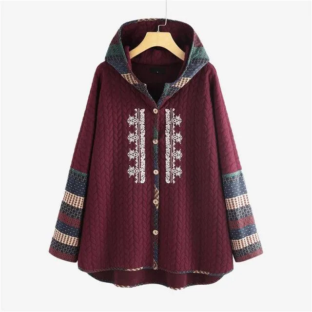 Vintage Boho Hooded  Ethnic Long-Sleeved Loose Mid-Length Coat